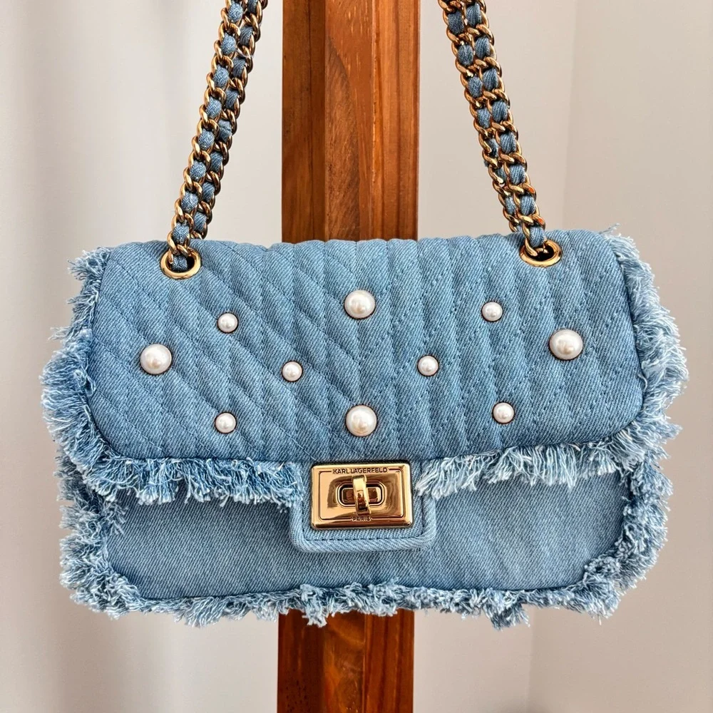 KARL LAGERFELD Medium Argyness Quilted Denim Convertible Shoulder Handbag--NEW